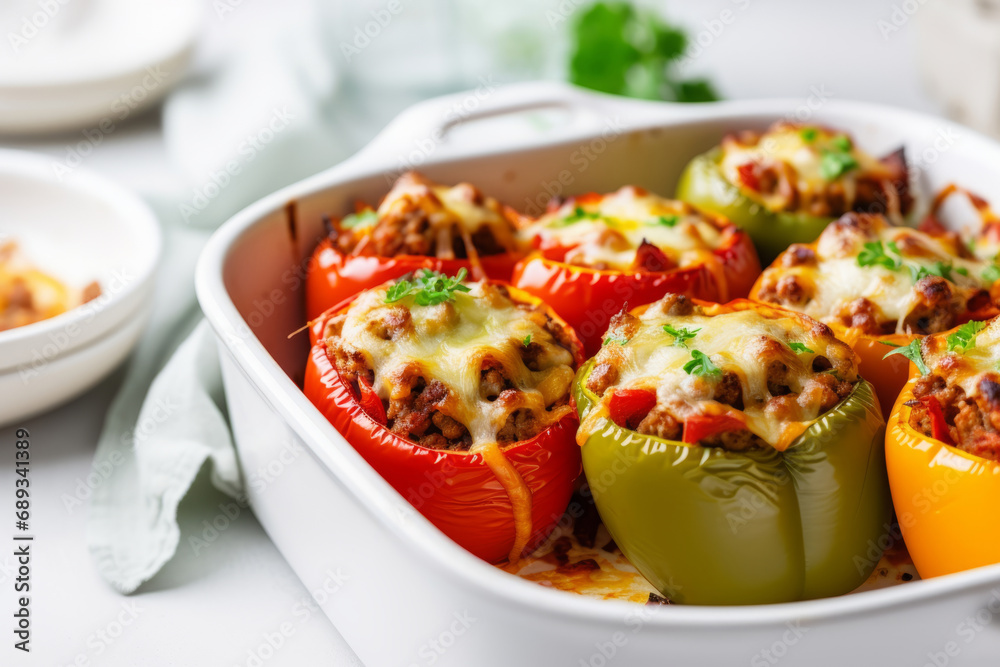 Stuffed peppers with meat in a white baking dish in a bright kitchen. Generative AI