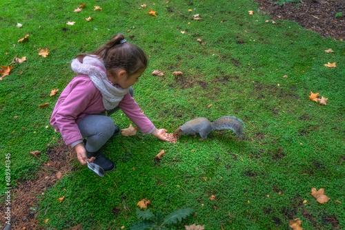 Young girl feeding from hand Grey Squirrel, Latin name Sciurus Carolinensis, with some peanuts in the park, Botanic Garden, Dublin, Ireland