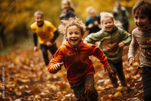 children in the forest  children in the woods  Group of happy joyful school kids with backpacks running with outstretched arms in forest on sunny spring day  excited children scouts boys and girls hav
