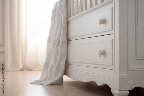 White crib with blanket standing in cute baby room. Generative AI