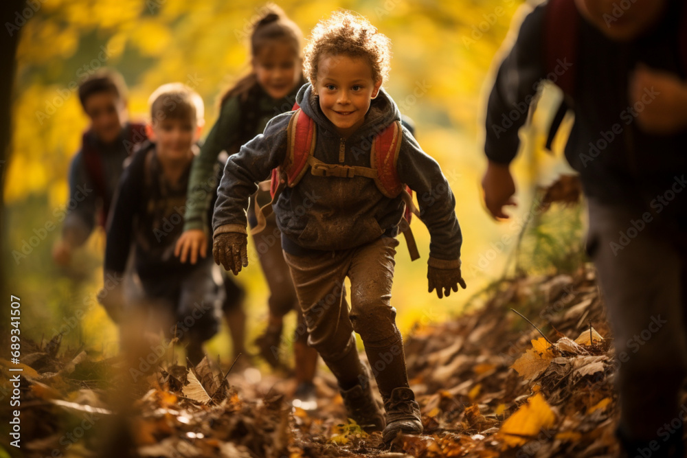 children in the forest, children in the woods, Group of happy joyful school kids with backpacks running with outstretched arms in forest on sunny spring day, excited children scouts boys and girls hav children in the forest, children in the woods, Group of happy joyful school kids with backpacks running with outstretched arms in forest on sunny spring day, excited children scouts boys and girls hav