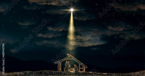 Bright Christmas Nativity scene with manger on starry sky