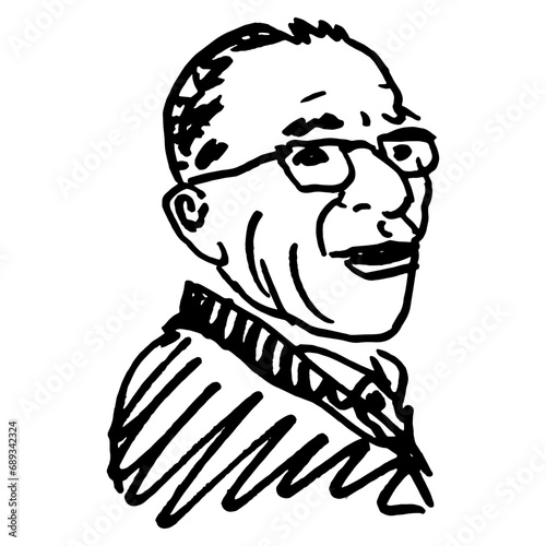 Caricature portrait of a middle age man wearing glasses. Hand drawn linear doodle rough sketch. Black and white silhouette.