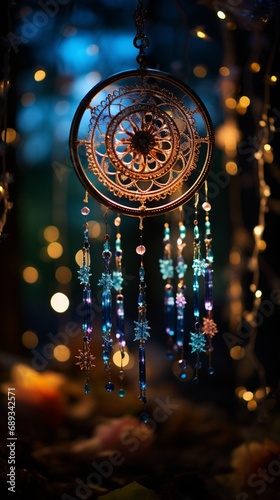 Close view of a beaded dream catcher, the backlight transforming it into a constellation of tiny stars against the twilight.