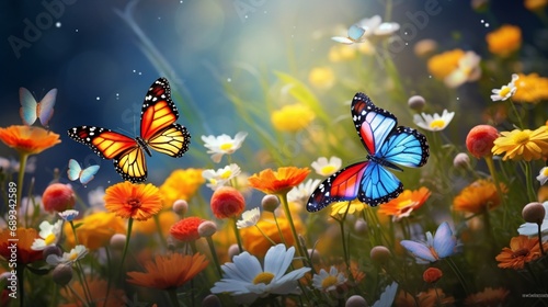 A group of colorful butterflies fluttering around a patch of wildflowers. © Image Studio