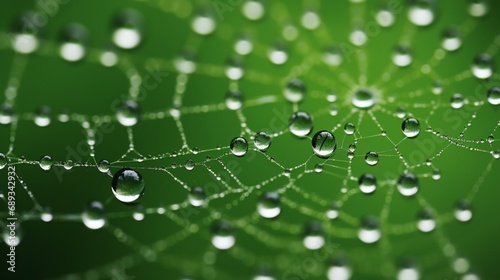 A macro photograph of a delicate spider's web, covered in tiny water droplets.