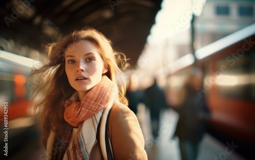 Young woman waiting for her train as a train passes by
