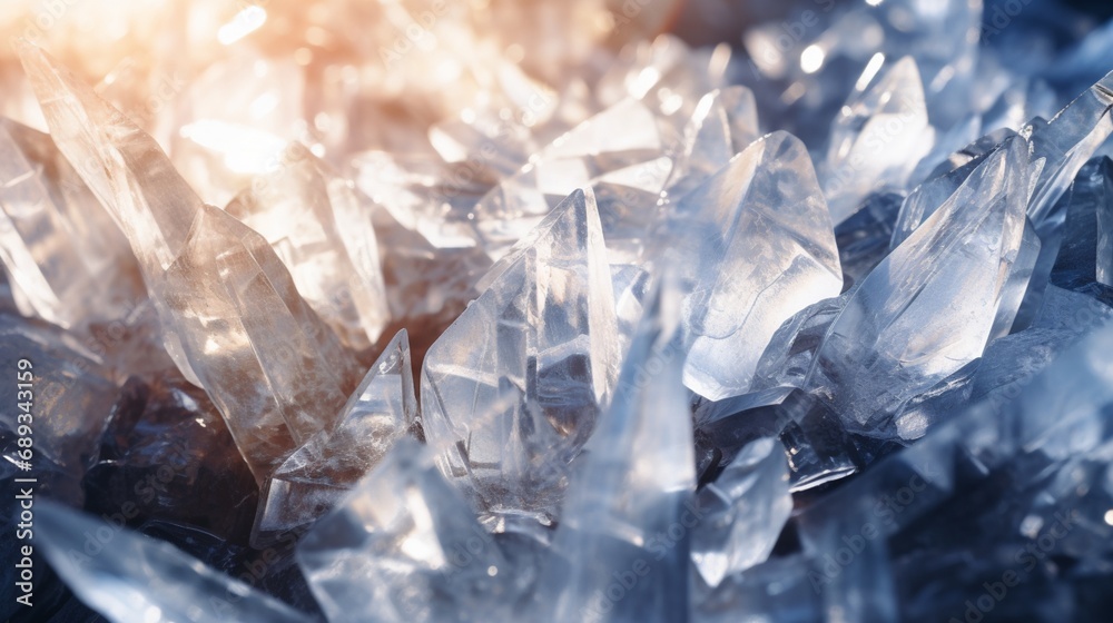A macro photograph of crystallized ice formations, glistening under the sunlight.