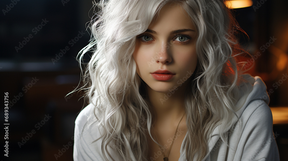 Young girl in white hair.