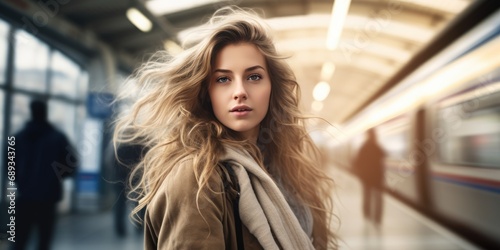 Wallpaper Mural Young woman waiting for her train as a train passes by Torontodigital.ca