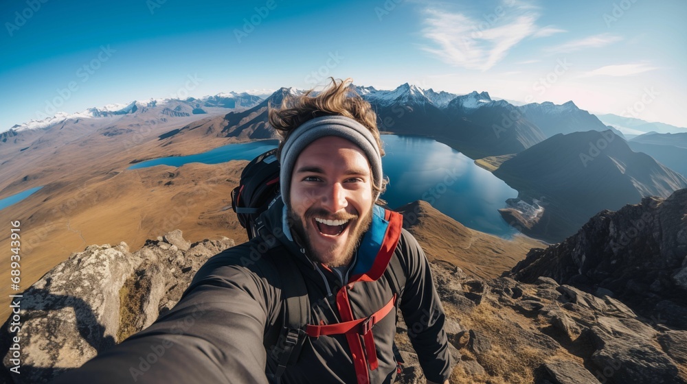 A tourist taking a selfie on top of a mountain. A tourist taking a selfie on top of a mountain.