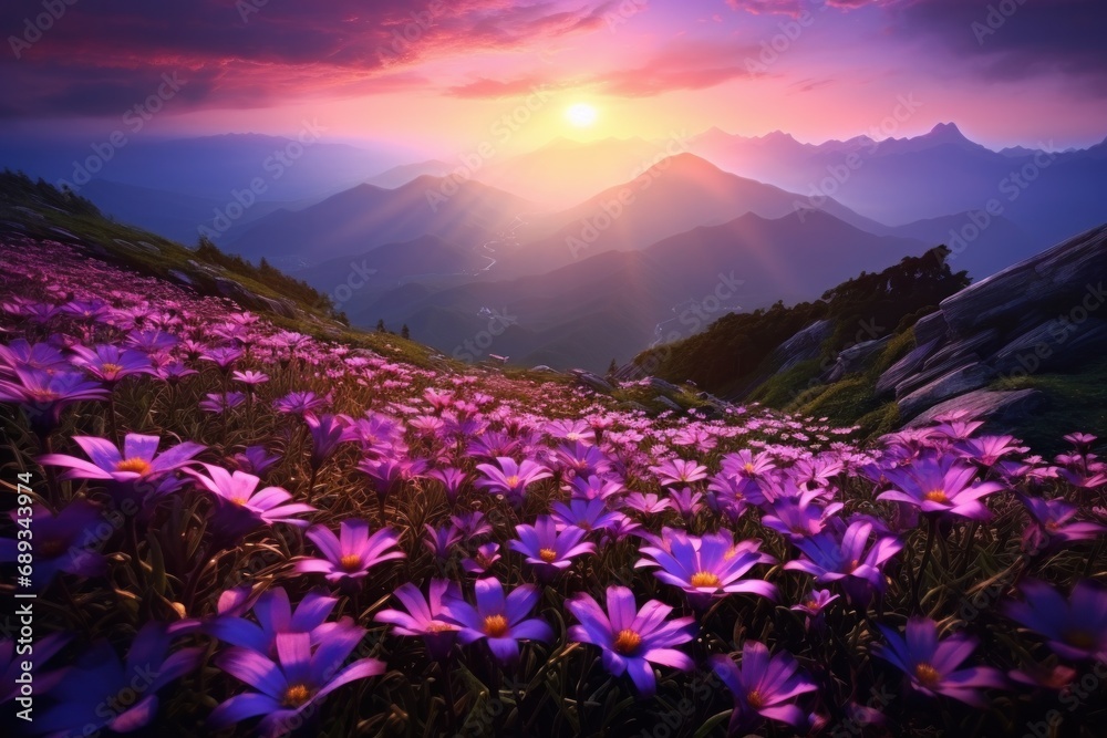 a sunrise over a purple flower field near mountains,
