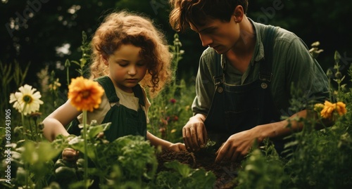 a son and daughter gardening in the garden with flowers in their arms, © olegganko