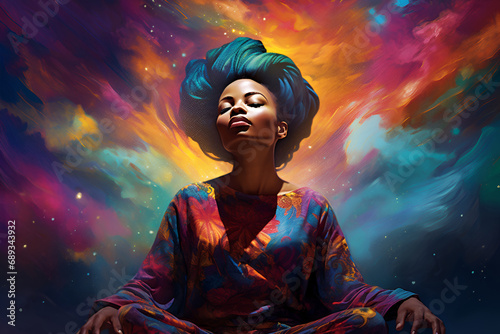 African girl meditating on a colorful space background