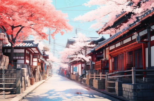 a street  in spring with blossoming cherry trees in bloom,