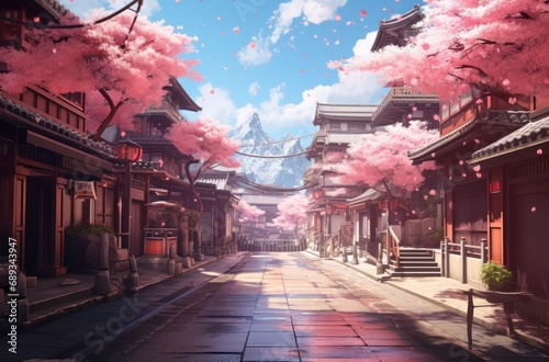 a street  in spring with blossoming cherry trees in bloom,