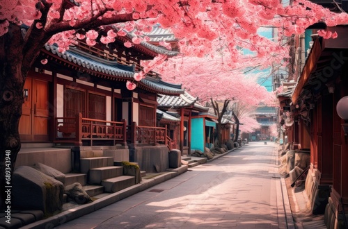 a street  in spring with blossoming cherry trees in bloom,