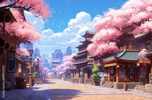 a street  in spring with blossoming cherry trees in bloom,