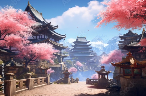 a street  in spring with blossoming cherry trees in bloom,