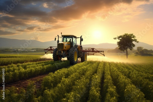 a tractor spraying an agricultural field at sunset 