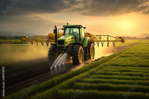 a tractor spraying an agricultural field at sunset,