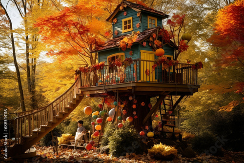jack o lantern in garden, jack o lantern, halloween pumpkin lantern, Log cabin cottage in the woods, Two cozy ecological wooden houses in the woods
 photo