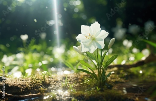 a white flower on a green forest floor,