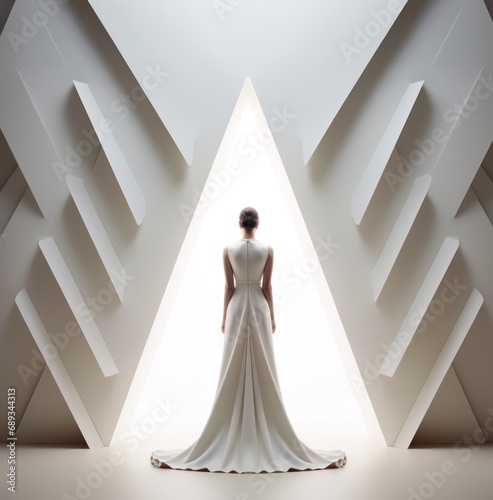 a woman wearing white gown in a room with wall,