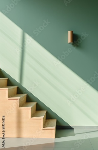 a wooden staircase with a green poster near the stairs,