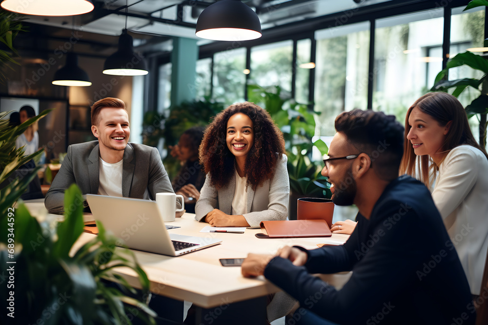 Diverse group of people working around a desk in a modern coworking space. Ai generated