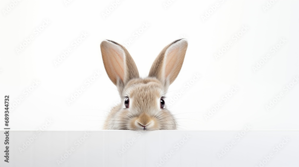 Fototapeta premium An image of a rabbit peeking out on a white background.