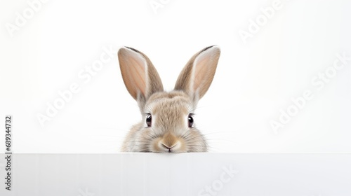 An image of a rabbit peeking out on a white background.