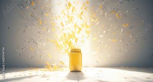 a yellow jar with leafs and white wall,