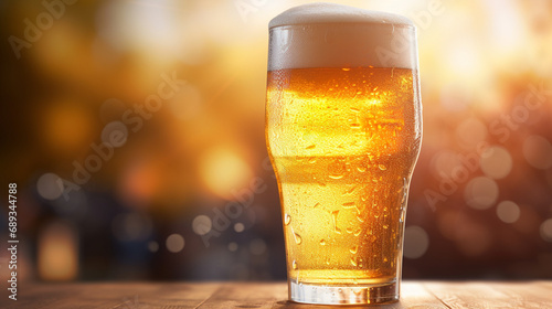 Refreshing image of chilled beer with dewy condensation, Vibrant colors, Sunlight refracting through, AI Generated