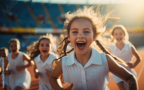 Happy kids running on a sports stadium