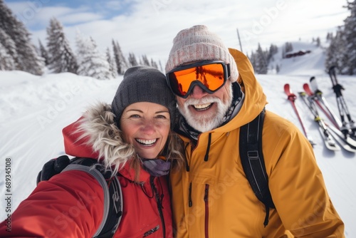 a man and woman smiling while holding snow skis on a snowy slope