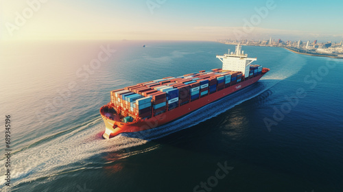 Cargo ship at sea focusing on logistics of freight transportation with clear depiction of ship's structure, AI Generated