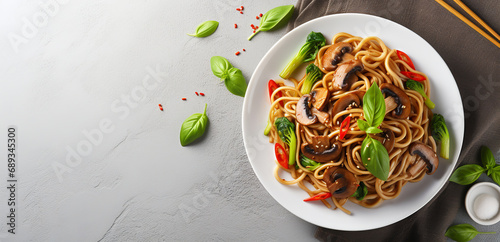 Udon noodles with baby bok choy and shiitake mushrooms. Asian vegetarian cuisine. ai generative