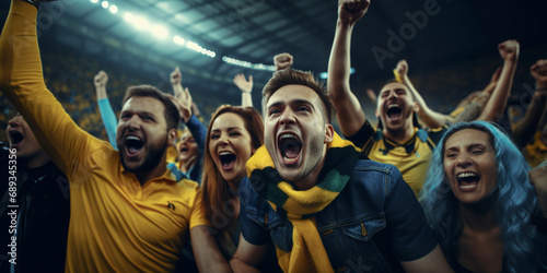 Group of Fans football celebrating the success of their favorite sports team on the stands. ai generative © Oleksandr
