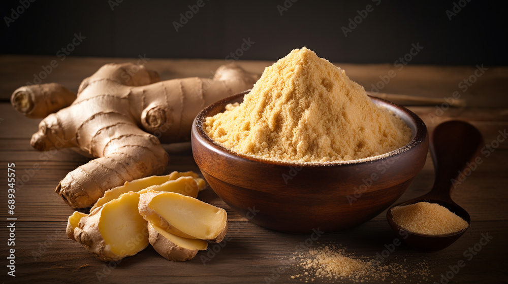 Ginger root and ginger powder in the bowl. ai generative Ginger root and ginger powder in the bowl. ai generative