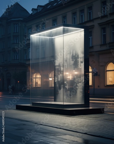 an advertising kiosk laying on the street,