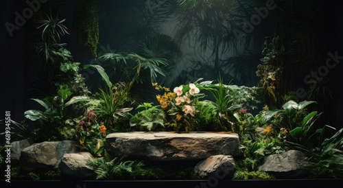 an arrangement of tropical plants that surround a flat piece of stone,