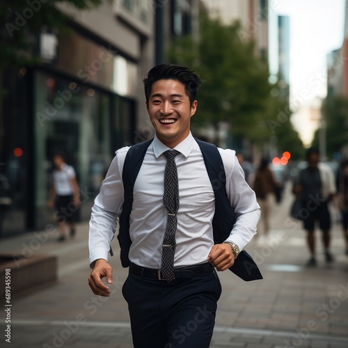 an asian man in a tie runs on a city street,