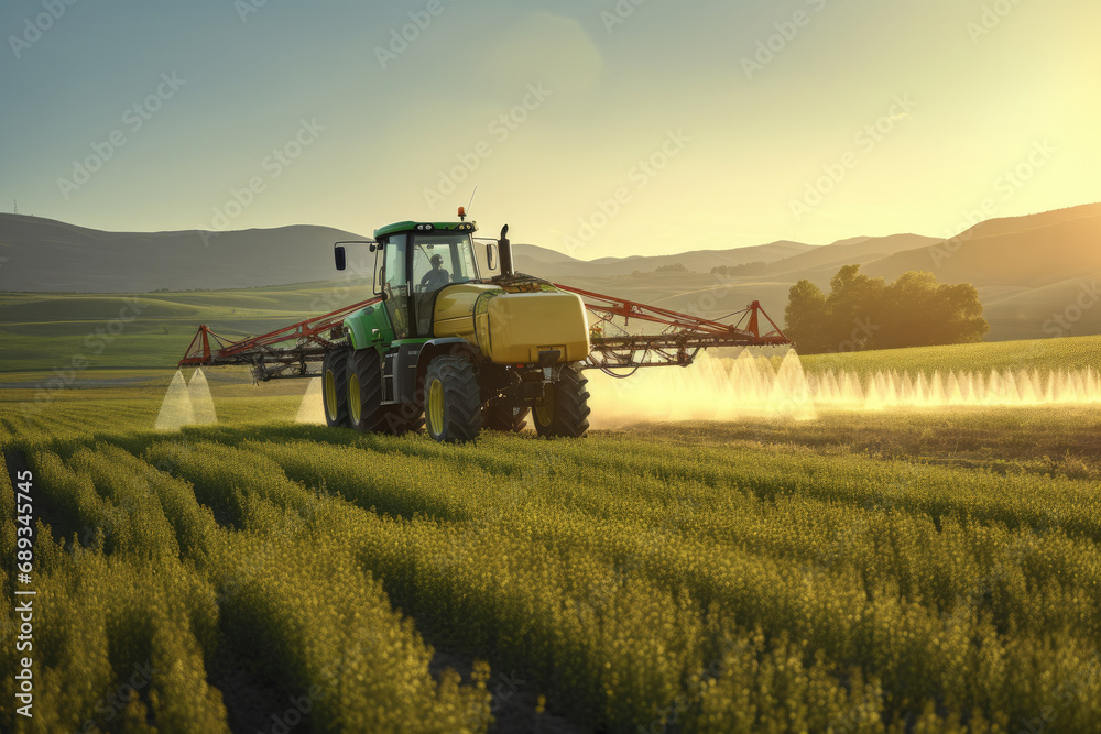 Fototapeta premium an insecticide spraying tractor and field,