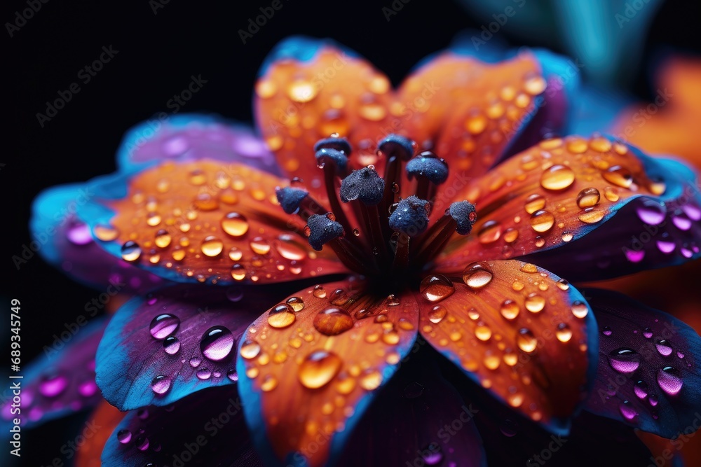 an orange and blue flower with water drops,