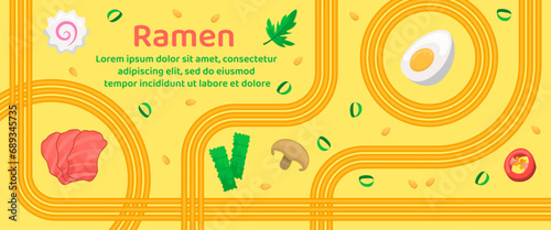 Ramen soup with meat, egg, mushrooms, kamaboko, pepper, nori and geometric wavy lines of noodles. Asian instant noodle, pasta and spaghetti. Japanese, Chinese wavy template for banner, menu, card, ad