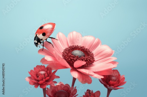 an ladybug sits on a red flower,
