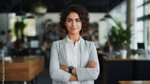 Confident female entrepreneur businesswoman standing with modern office building background, AI Generated