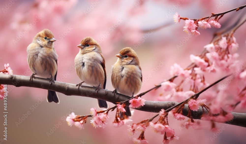 birds on the branch against cherry blossom blossoms,