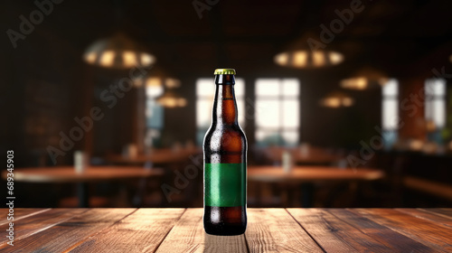 Beer bottle with blank front, realistic on a mockup template in a wooden tabl...